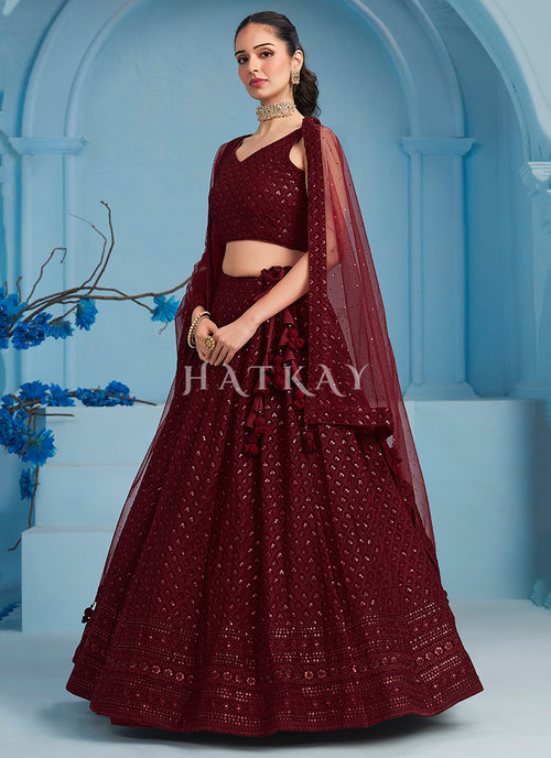 Maroon Embroidered Party Wear Lehenga Choli