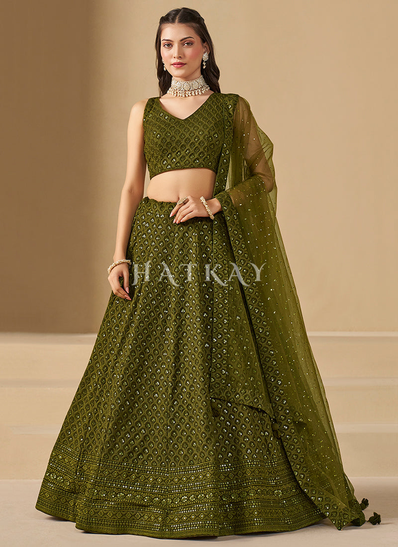 Olive Green Embroidered Party Wear Lehenga Choli