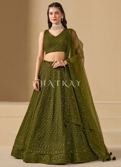 Olive Green Embroidered Party Wear Lehenga Choli