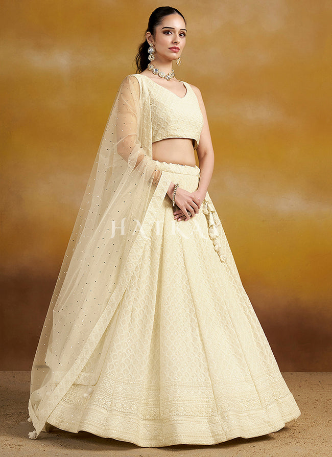 Off White Embroidered Party Wear Lehenga Choli