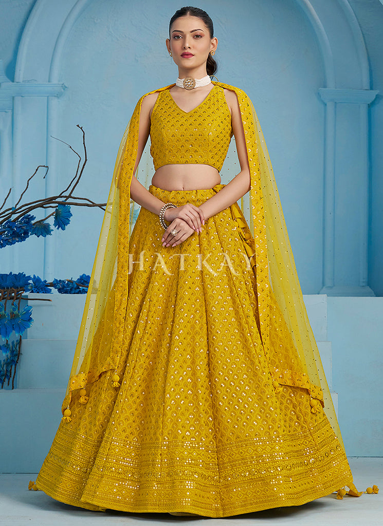 Yellow Embroidered Party Wear Lehenga Choli