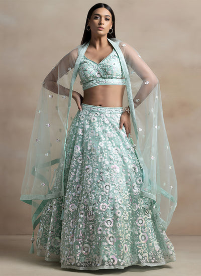Blue Floral Embroidery Wedding Lehenga Choli