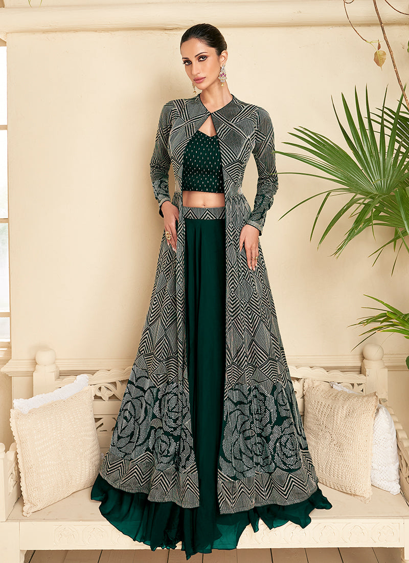 Bottle Green Embroidered Lehenga Choli And Jacket