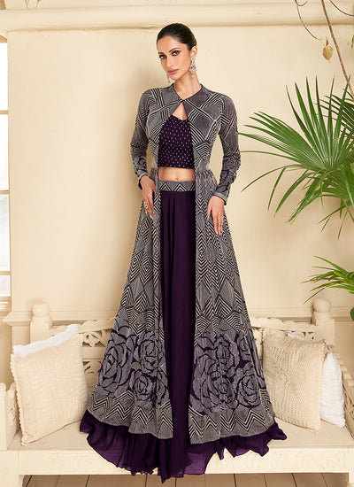 Deep Purple Embroidered Lehenga Choli And Jacket