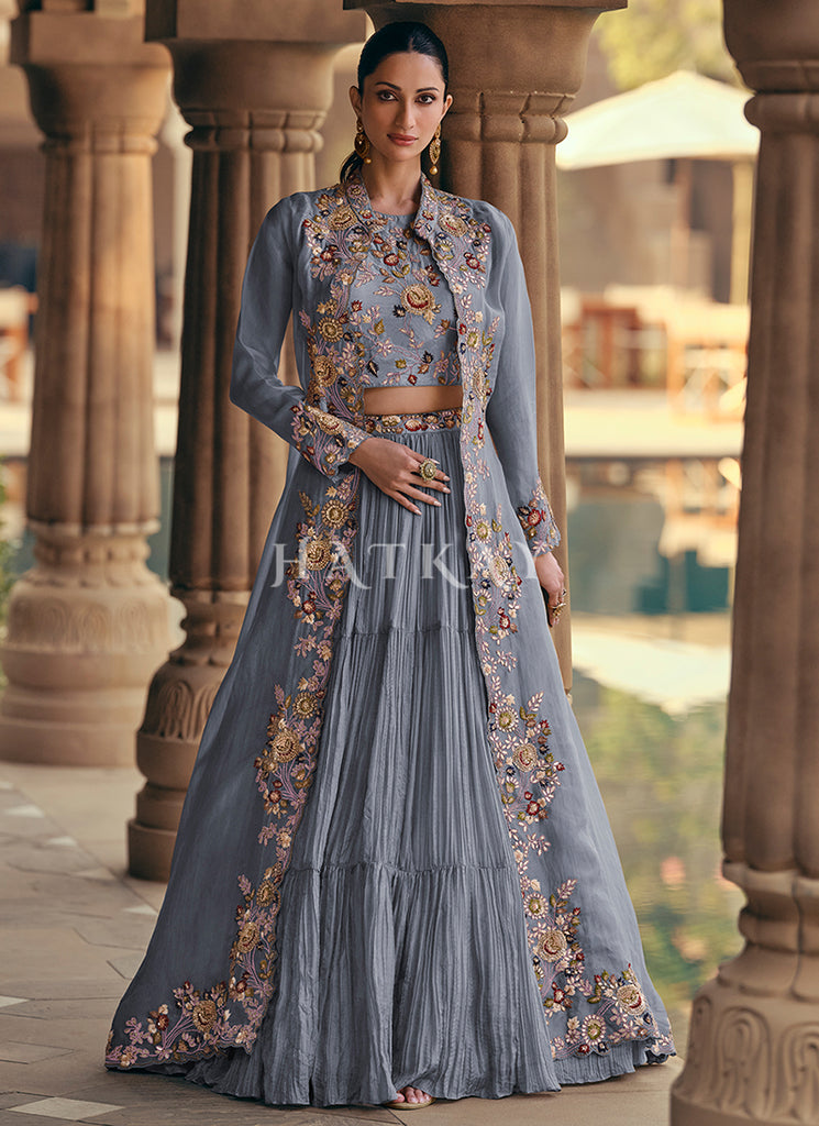 Blue Multi Embroidered Lehenga Choli With Jacket
