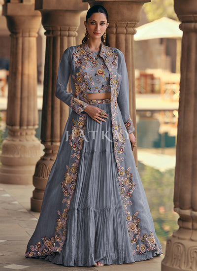Blue Multi Embroidered Lehenga Choli With Jacket