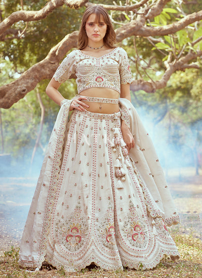 Cream White Multi Embroidered Bridal Lehenga Choli
