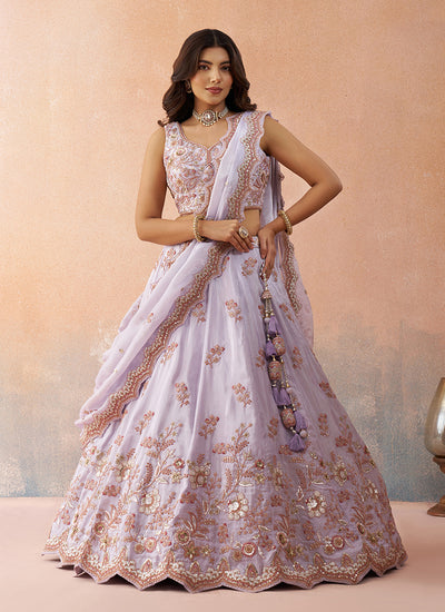 Lavender Embroidered Tissue Silk Wedding Lehenga Choli