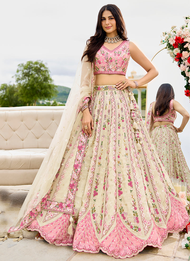 Cream Sequins Embroidery Tissue Silk Lehenga Choli