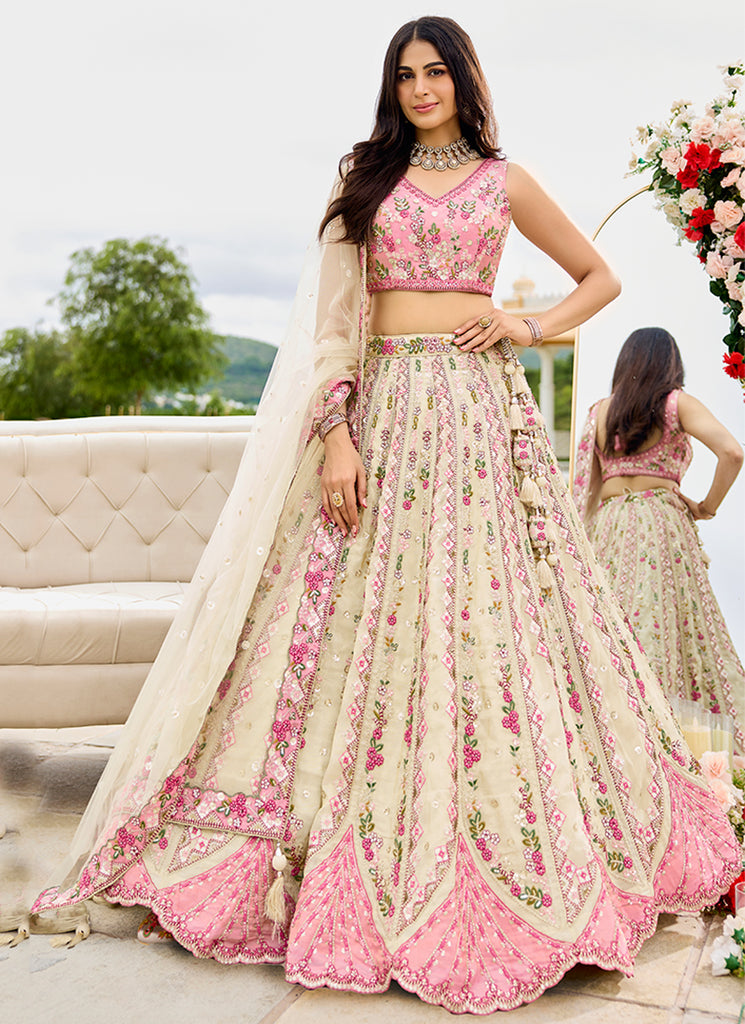 Cream Sequins Embroidery Tissue Silk Lehenga Choli