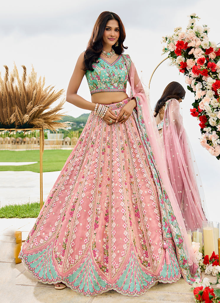 Pink Sequins Embroidery Tissue Silk Lehenga Choli