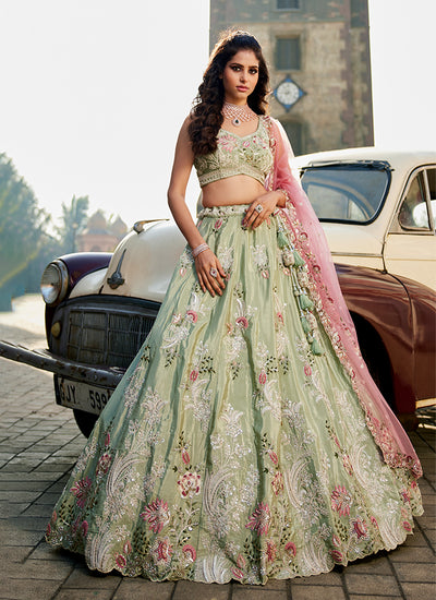 Lime Green Embroidered Silk Wedding Lehenga Choli