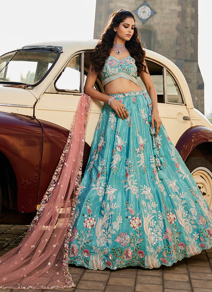 Turquoise Blue Embroidered Silk Wedding Lehenga Choli