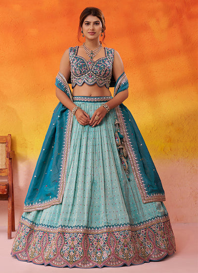 Turquoise Blue Designer Embroidery Bridal Lehenga Choli