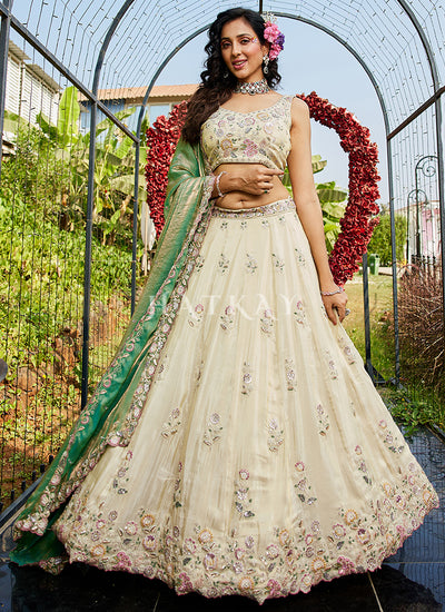 Off White And Green Embroidery Bridal Lehenga Choli