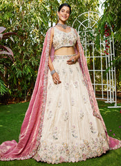 Off White And Pink Embroidery Bridal Lehenga Choli