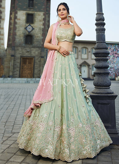 Green And Pink Embroidered Bridal Lehenga Choli