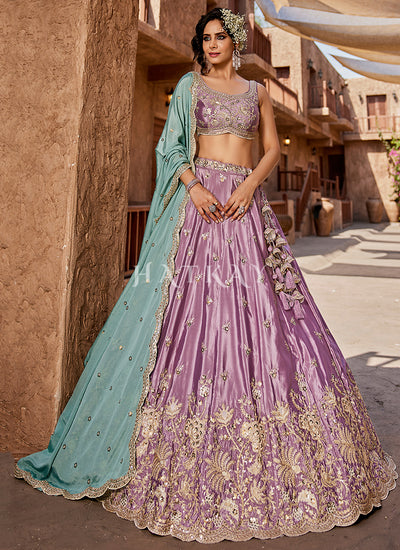 Purple And Teal Embroidered Bridal Lehenga Choli