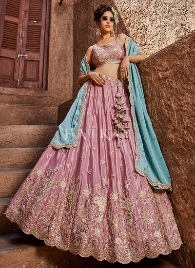 Pink And Blue Embroidered Bridal Lehenga Choli