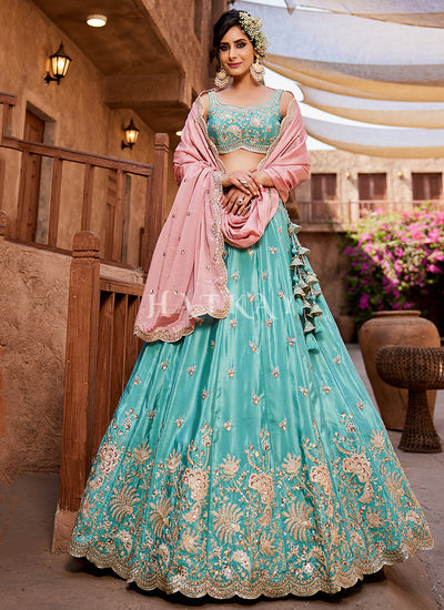 Turquoise And Pink Embroidered Bridal Lehenga Choli