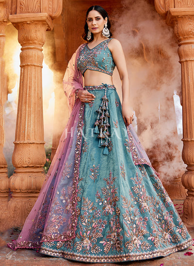 Blue And Lavender Embroidery Bridal Lehenga Choli