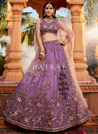 Purple And Peach Embroidery Bridal Lehenga Choli