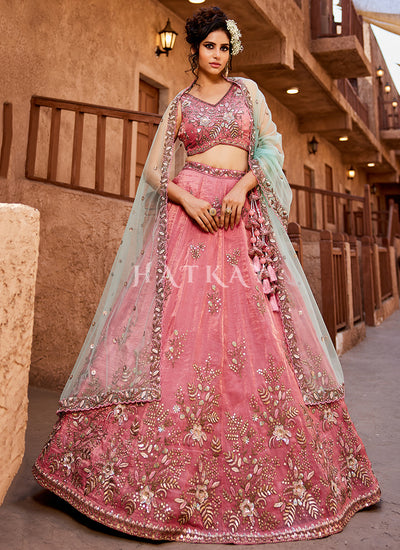 Pink And Mint Green Embroidery Bridal Lehenga Choli
