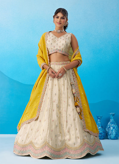 Cream And Mustard Embroidered Tissue Silk Wedding Lehenga Choli