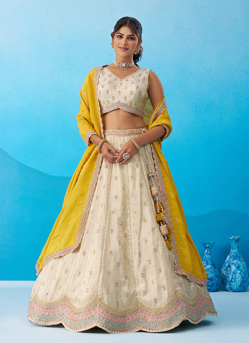 Cream And Mustard Embroidered Tissue Silk Wedding Lehenga Choli