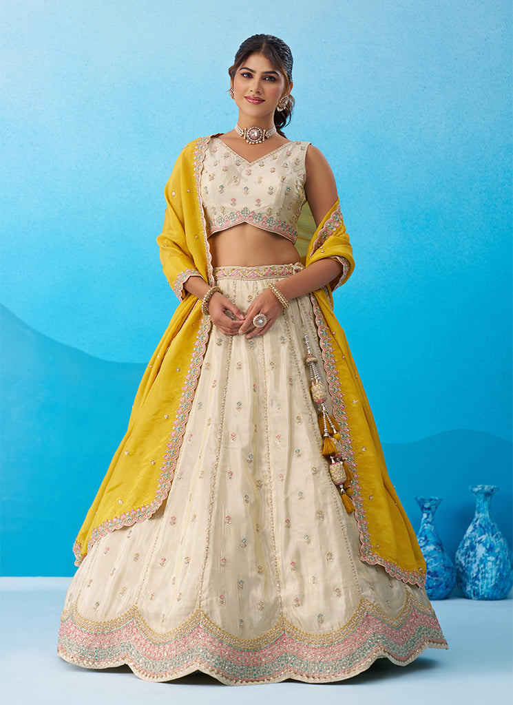 Cream And Mustard Embroidered Tissue Silk Wedding Lehenga Choli