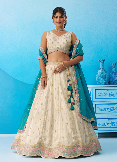Cream And Rama Embroidered Tissue Silk Wedding Lehenga Choli
