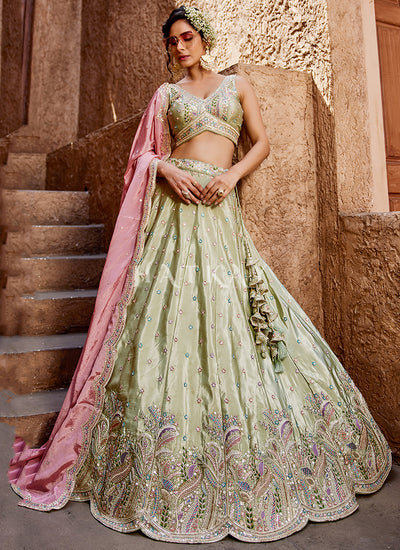 Green And Pink Embroidery Bridal Lehenga Choli