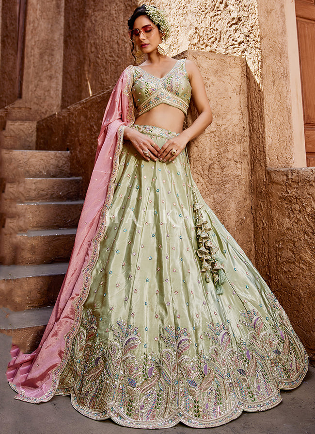 Green And Pink Embroidery Bridal Lehenga Choli