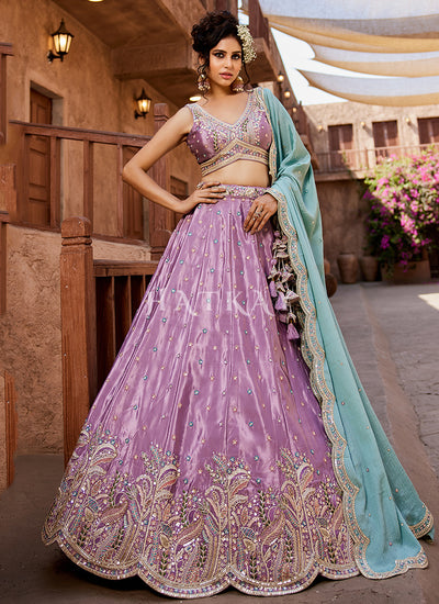 Lavender And Blue Embroidery Bridal Lehenga Choli