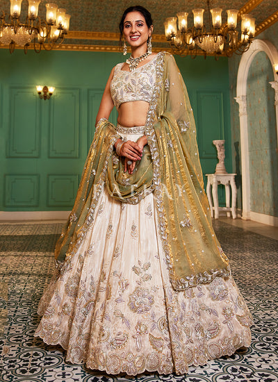 Off White And Green Embroidered Bridal Lehenga Choli