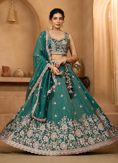 Green Embroidery Tissue Silk Wedding Lehenga Choli
