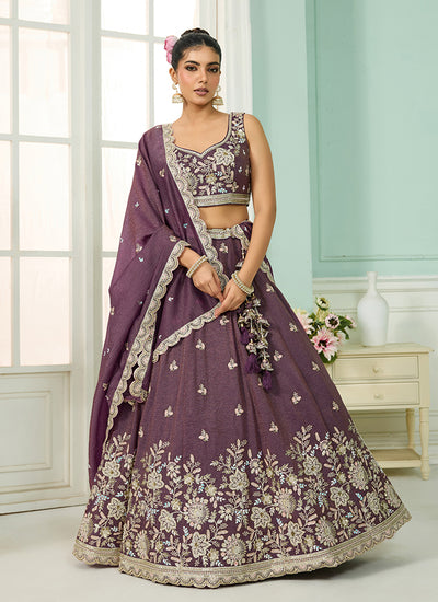 Dusty Purple Embroidery Tissue Silk Wedding Lehenga Choli