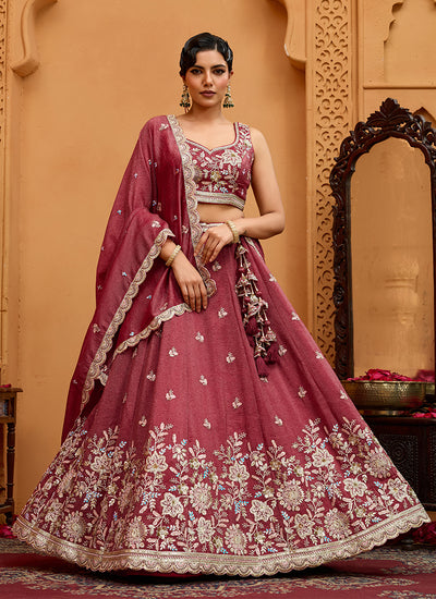 Rust Pink Embroidery Tissue Silk Wedding Lehenga Choli