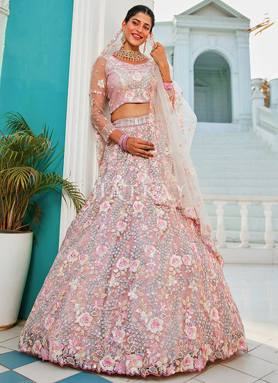Grey And Pink Floral Embroidery Bridal Lehenga Choli