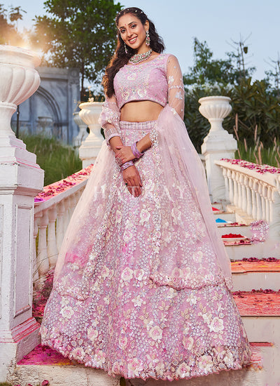 Light Pink Floral Embroidery Bridal Lehenga Choli
