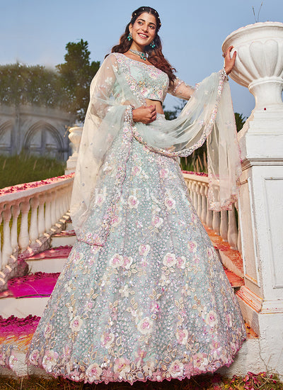 Sea Green Floral Embroidery Bridal Lehenga Choli