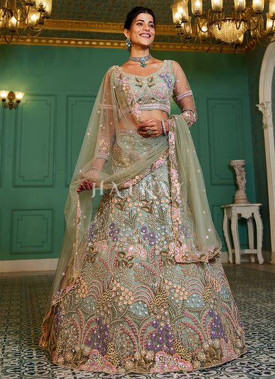 Sage Green Traditional Embroidery Bridal Lehenga Choli