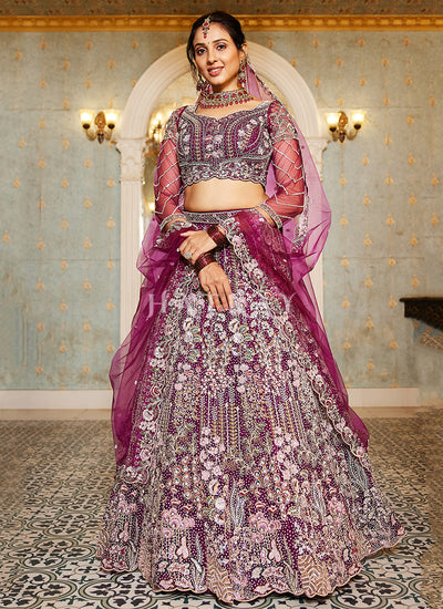 Burgundy Floral Embroidery Bridal Lehenga Choli