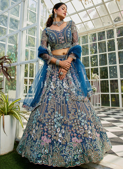Blue Floral Embroidery Bridal Lehenga Choli