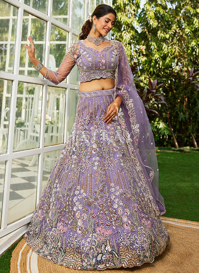 Lavender Floral Embroidery Bridal Lehenga Choli