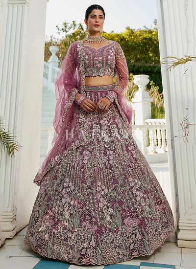 Mauve Floral Embroidery Bridal Lehenga Choli