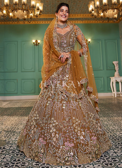 Mustard Yellow Floral Embroidery Bridal Lehenga Choli