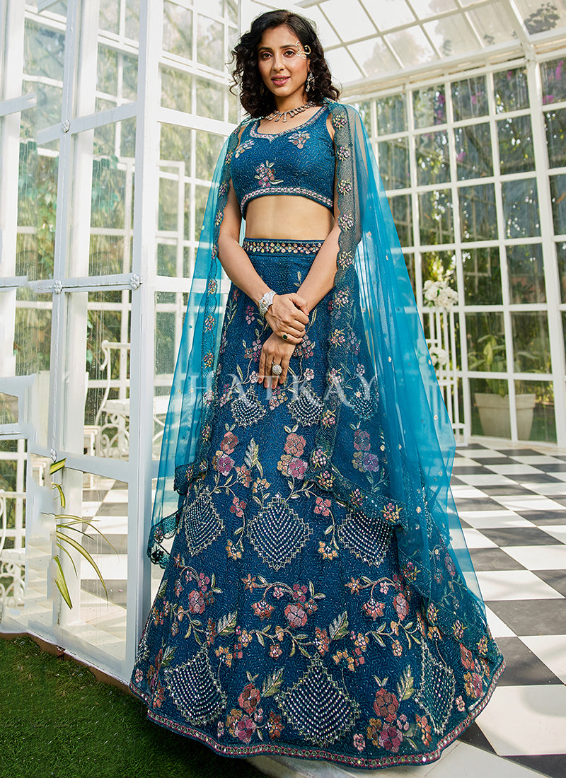 Royal Blue Floral Embroidery Bridal Lehenga Choli
