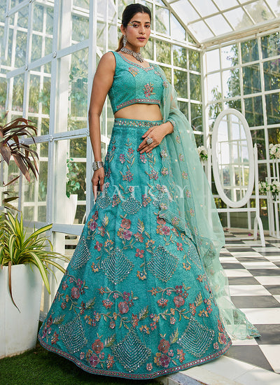 Turquoise Floral Embroidery Bridal Lehenga Choli