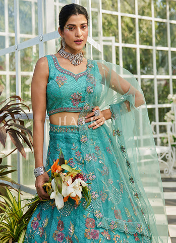 Turquoise Floral Embroidery Bridal Lehenga Choli
